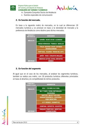 Empresa Pública para la Gestión
del Turismo y del Deporte de Andalucía
CONSEJERÍA DE TURISMO Y COMERCIO
Plan de Acción 2013 6
m. Campaña Conjuntos Socios de Andalucía
n. Eventos especiales de comunicación
2. En función del mercado.
En base a la siguiente matriz de mercados, en la cual se diferencian 18
mercados turísticos y se priorizan en base a la idoneidad de mercado y la
preferencia de Andalucía como destino para dichos mercados.
3. En función del segmento
Al igual que en el caso de los mercados, al analizar los segmentos turísticos,
también se realiza una matriz, con 18 productos turísticos diferentes priorizados
en base al atractivo y la competitividad de dichos productos.
 
