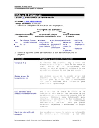 Elementos de Intel®
Educar
Enfoque de aprendizaje basado en proyectos
Módulo 3: Evaluación
Lección 3: Planificación de la evaluación
Actividad 2: Plan de evaluación
Tiempo estimado: 30 minutos
1. Elabore un cronograma de evaluación para su proyecto.
Cronograma de evaluación
Antes de iniciar el trabajo Los estudiantes trabajan Después de terminado
del proyecto en proyectos y completan las tareas el proyecto
• Ta
bla
• S-
P-A-C
•Google Groups
de herramientas
tic
•Lista de
cotejo de la
colaboración
observaciona
l
• Lista de cotejo
de
autoevaluació
n de a
colaboración
• Matriz de
valoración
de la
resolución
de
problemas
• Matriz de
valoración
de proyecto
• Reflexión
2. Rellene el siguiente cuadro para completar el plan de evaluación para su
proyecto.
Evaluación Propósito y proceso de la evaluación
Tabla S-P-A-C Al comienzo del proyecto, voy a tener una
discusión en clase para llenar en una Tabla S-
P-A-C acerca de las Herramientas tic
necesarias para el proyecto. Utilizaré lo que
aprendo para planear lo que hay que enseñar.
Google groups de
herramientas tic
Los alumnos anotan en el google groups del
proyecto lo que ellos creen que se debe
utilizar para el diseño con la herramienta
tic. Voy a utilizar esta información para
planificar el aprendizaje.
Lista de cotejo de la
colaboración observacional
Voy a utilizar la lista de cotejo de la
observación para evaluar las destrezas de los
estudiantes en la colaboración durante todo el
proyecto. Utilizaré esta información para
planificar el aprendizaje de las destrezas de
colaboración y dar a los estudiantes
realimentación individual para que puedan
establecer objetivos y monitorear su propio
progreso
Matriz de valoración del
proyecto
Los estudiantes usarán la matriz de valoración
del proyecto para evaluarse y ver cómo
Derechos de autor © 2009, Corporación Intel. Todos los derechos reservados. Página 16 de 44
 