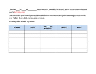 Confecha de del ,seconstituyóelComitédeEvaluaciónyGestióndeRiesgosPsicosociales
para la EMPRESA XXXX.
EsteComitéseráquienlidereelprocesodeimplementacióndelProtocolodeVigilanciadeRiesgosPsicosociales
en el Trabajo dentro de la mencionada empresa.
Sus integrantes son los siguientes:
NOMBRE CARGO
AREA LA QUE
REPRESENTE
EMPRESA FIRMA
 