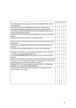 20
1 2 3 4 5
Uno de los objetivos de este plan es el desarrollo integral del niño, ¿lo han
visto reflejado?
Este plan se centra en la individualización del niño en el proceso de
aprendizaje. Exponga en qué grado les ha quedado constancia de ello.
¿Ven cubiertas todas las dificultades que han encontrado en el proceso de
aprendizaje de vuestros hijos/as?
Valore el clima de convivencia que ha observado en las aulas entre alumno-
profesor.
Valore el clima de convivencia entre el profesor-familias.
Valore el progreso del clima entre alumno-familia, en relación al proceso de
aprendizaje.
En particular, ¿ven adecuadas las actividades propuestas para trabajar la
dislexia?
¿Creen los recursos proporcionados a las familias son los adecuados?
En relación a la anterior, ¿en caso de haber trabajado con ellos y tras ver los
resultados, cual es su grado de satisfacción?
La actuación del ORIENTADOR en este proceso es crucial, ¿en qué grado lo
valoran?
Otro punto importante en el proceso, es la implicación de la familia, ¿de qué
forma valoran esta implicación, en relación a la propia familia con lo que eso
conlleva(participación en horarios laborales, festivos…)
Marquen del 1 al 5, si recomendarían este plan, siendo el 1. DE NINGUNA
MANERA; y el 5.TOTALMENTE RECOMENDABLE.
A continuación, dejamos esta casilla para que escriban algún ítem que
quieran explicar o desarrollar:
 