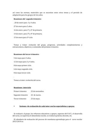 así como las normas, materiales que se necesitan entre otros temas y el periodo de
adaptación para los grupos de tres años.
Reuniones del segundo trimestre:
. 20 de enero para 3 y 4 años.
27 de enero para 5 años.
16 de enero para 1º y 2º de primaria
14 de enero para 3º y 4º de primaria.
15 de enero para 3º ciclo
Temas a tratar: evolución del grupo, progresos, actividades complementarias y
extraescolares, objetivos y contenidos del próximo trimestre.
Reuniones del tercer trimestre:
5 de mayo para 5 años.
12 de mayo para 3 y 4 años.
8 de mayo primer ciclo.
6 de mayo segundo ciclo.
8 de mayo tercer ciclo
.
Temas a tratar: evolución del curso.
Reuniones interciclo
Primer trimestre 22 de noviembre.
Segundo trimestre 22 de marzo.
Tercer trimestre 23 de mayo.
 Sesiones de evaluación de cada tutor con los especialistas y apoyos:
Se evaluará: al grupo, los refuerzos educativos y apoyos, aspectos del P.A.T., el desarrollo
del curso, se supervisa el absentismo escolar, se evalúa la práctica docente, etc.
El calendario de evaluación del proceso de enseñanza-aprendizaje para el curso escolar
2013-2014 es:
 