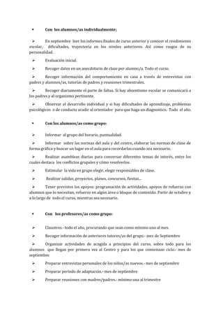 Con los alumnos/as individualmente:
 En septiembre leer los informes finales de curso anterior y conocer el rendimiento
escolar, dificultades, trayectoria en los niveles anteriores. Así como rasgos de su
personalidad.
 Evaluación inicial.
 Recoger datos en un anecdotario de clase por alumno/a. Todo el curso.
 Recoger información del comportamiento en casa a través de entrevistas con
padres y alumnos/as, tutorías de padres y reuniones trimestrales.
 Recoger diariamente el parte de faltas. Si hay absentismo escolar se comunicará a
los padres y al organismo pertinente.
 Observar el desarrollo individual y si hay dificultades de aprendizaje, problemas
psicológicos o de conducta acudir al orientador para que haga un diagnostico. Todo el año.
 Con los alumnos/as como grupo:
 Informar al grupo del horario, puntualidad.
 Informar sobre las normas del aula y del centro, elaborar las normas de clase de
forma gráfica y buscar un lugar en el aula para recordarlas cuando sea necesario.
 Realizar asambleas diarias para conversar diferentes temas de interés, entre los
cuales destaca los conflictos grupales y cómo resolverlos.
 Estimular la vida en grupo elegir, elegir responsables de clase.
 Realizar salidas, proyectos, planes, concursos, fiestas...
 Tener previstos los apoyos: programación de actividades, apoyos de refuerzo con
alumnos que lo necesitan, refuerzo en algún área o bloque de contenido. Partir de octubre y
a lo largo de todo el curso, mientras sea necesario.
 Con los profesores/as como grupo:
 Claustros.- todo el año, procurando que sean como mínimo uno al mes.
 Recoger información de anteriores tutores/as del grupo.- mes de Septiembre
 Organizar actividades de acogida a principios del curso, sobre todo para los
alumnos que llegan por primera vez al Centro y para los que comienzan ciclo.- mes de
septiembre
 Preparar entrevistas personales de los niños/as nuevos.- mes de septiembre
 Preparar período de adaptación.- mes de septiembre
 Preparar reuniones con madres/padres.- mínimo una al trimestre
 