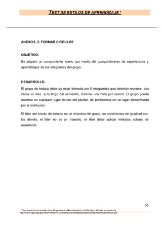 TEST DE ESTILOS DE APRENDIZAJE 1
1 Test basado en el modelo de la Programación Neurolingüística de Bandler y Grinder y tomado de
http://www.dgb.sep.gob.mx/informacion_academica/actividadesparaescolares/multimedia/Manual.pdf.
ANEXO 6. 2. FORMAR CIRCULOS
OBJETIVO:
Es adquirir un conocimiento nuevo por medio del compartimiento de experiencias y
aprendizajes de los integrantes del grupo.
DESARROLLO:
El grupo de trabajo debe de estar formado por 5 integrantes que deberán reunirse dos
veces al mes a lo largo del semestre, durante una hora por sesión. El grupo puede
reunirse en cualquier lugar dentro del plantel, de preferencia en un lugar determinado
por la institución.
El líder del círculo de estudio es un miembro del grupo, en condiciones de igualdad con
los demás, el líder no es un maestro, el líder debe aplicar métodos activos de
enseñanza
58
 