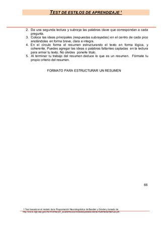 TEST DE ESTILOS DE APRENDIZAJE 1
1 Test basado en el modelo de la Programación Neurolingüística de Bandler y Grinder y tomado de
http://www.dgb.sep.gob.mx/informacion_academica/actividadesparaescolares/multimedia/Manual.pdf.
2. Da una segunda lectura y subraya las palabras clave que correspondan a cada
pregunta.
3. Coloca las ideas principales (respuestas subrayadas) en el centro de cada pico
anotándolas en forma breve, clara e integra.
4. En el circulo forma el resumen estructurando el texto en forma lógica, y
coherente. Puedes agregar las ideas o palabras faltantes captadas en la lectura
para armar tu texto. No olvides ponerle titulo.
5. Al terminar tu trabajo del resumen deduce lo que es un resumen. Fórmate tu
propio criterio del resumen.
FORMATO PARA ESTRUCTURAR UN RESUMEN
66
 