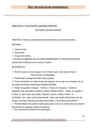 TEST DE ESTILOS DE APRENDIZAJE 1
1 Test basado en el modelo de la Programación Neurolingüística de Bandler y Grinder y tomado de
http://www.dgb.sep.gob.mx/informacion_academica/actividadesparaescolares/multimedia/Manual.pdf.
ANEXO 6.4.7.MI EQUIPO LEE MÁS RÁPIDO
MI EQUIPO LEE MAS RÁPIDO
OBJETIVO: Practicar su velocidad lectora. Desarrollar su comprensión lectora.
MATERIAL:
 Caja de cartón.
 Cronómetro.
 2 copias del artículo
“LOS MALOS HÁBITOS DE LECTURA CONTRIBUYEN AL FRACASO ESCOLAR”,
previamente cortados en por lo menos 15 partes.
DESARROLLO:
 Dividir al grupo en dos equipos, de tal manera que cada equipo tenga el
mismo número de integrantes.
 Pedirles que se pongan de frente ambos equipos.
 Poner el escritorio en medio de los dos equipos, con la caja que contenga una de
las copias del artículo previamente cortada en párrafos.
 Darles la siguiente consigna: “Vamos a iniciar con el equipo 1 donde el
integrante que esta hasta el extremo superior pasará al frente, tomará un papelito y
lo leerá lo más rápido que pueda, después correrá a darle el relevo al
compañero que sigue y así sucesivamente hasta que hayan pasado todos los del
equipo, se tomará el tiempo que haga cada equipo y se anotará en el pintarrón”
 Posteriormente se le pedirá a cada equipo que se reúna en círculo para que recaban
todo lo leído, lo organicen, lo lean y lo analicen.
 Dar a conocer la conclusión de cada equipo.
72
 