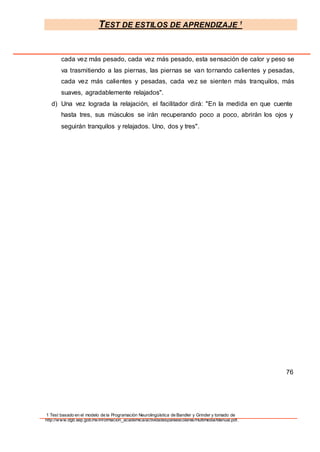 TEST DE ESTILOS DE APRENDIZAJE 1
1 Test basado en el modelo de la Programación Neurolingüística de Bandler y Grinder y tomado de
http://www.dgb.sep.gob.mx/informacion_academica/actividadesparaescolares/multimedia/Manual.pdf.
cada vez más pesado, cada vez más pesado, esta sensación de calor y peso se
va trasmitiendo a las piernas, las piernas se van tornando calientes y pesadas,
cada vez más calientes y pesadas, cada vez se sienten más tranquilos, más
suaves, agradablemente relajados".
d) Una vez lograda la relajación, el facilitador dirá: "En la medida en que cuente
hasta tres, sus músculos se irán recuperando poco a poco, abrirán los ojos y
seguirán tranquilos y relajados. Uno, dos y tres".
76
 