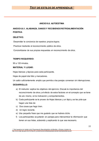 TEST DE ESTILOS DE APRENDIZAJE 1
1 Test basado en el modelo de la Programación Neurolingüística de Bandler y Grinder y tomado de
http://www.dgb.sep.gob.mx/informacion_academica/actividadesparaescolares/multimedia/Manual.pdf.
ANEXO 6.6. AUTOESTIMA
ANEXO 6.6.1. ALABANZA, DANDO Y RECIBIENDO RETROALIMENTACIÓN
POSITIVA
OBJETIVO:
Desarrollar la conciencia de nuestros propios logros.
Practicar mediante el reconocimiento público de otros.
Concientizarse de sus propias respuestas en reconocimiento de otros.
TIEMPO REQUERIDO:
90 a 120 minutos.
MATERIAL Y LUGAR:
Hojas blancas y lápices para cada participante.
Hojas de papel rota folio y marcadores.
Un salón suficientemente amplio que permita a las parejas conversar sin interrupciones.
DESARROLLO:
a) El instructor explica los objetivos del ejercicio. Discute la importancia del
reconocimiento de otros y el efecto de estos factores en el concepto que se tiene
de uno mismo, en la motivación y comportamientos.
b) Cada participante se le provee de Hojas blancas y un lápiz y se les pide que
hagan una lista de:
c) Dos cosas que hago bien.
d) Un logro reciente.
e) Una pequeña frase que me gustaría que se hubiera dicho
f) Los participantes se juntarán en parejas para intercambiar la información que
tienen en sus listas, aclarando y explicando lo que sea necesario.
77
 