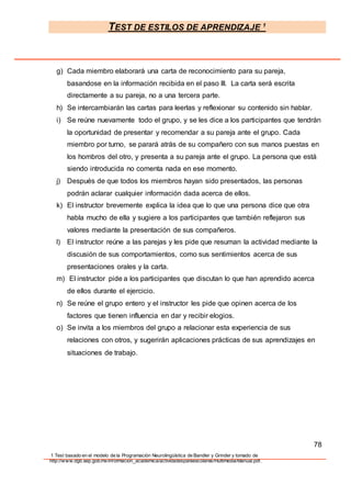 TEST DE ESTILOS DE APRENDIZAJE 1
1 Test basado en el modelo de la Programación Neurolingüística de Bandler y Grinder y tomado de
http://www.dgb.sep.gob.mx/informacion_academica/actividadesparaescolares/multimedia/Manual.pdf.
g) Cada miembro elaborará una carta de reconocimiento para su pareja,
basandose en la información recibida en el paso III. La carta será escrita
directamente a su pareja, no a una tercera parte.
h) Se intercambiarán las cartas para leerlas y reflexionar su contenido sin hablar.
i) Se reúne nuevamente todo el grupo, y se les dice a los participantes que tendrán
la oportunidad de presentar y recomendar a su pareja ante el grupo. Cada
miembro por turno, se parará atrás de su compañero con sus manos puestas en
los hombros del otro, y presenta a su pareja ante el grupo. La persona que está
siendo introducida no comenta nada en ese momento.
j) Después de que todos los miembros hayan sido presentados, las personas
podrán aclarar cualquier información dada acerca de ellos.
k) El instructor brevemente explica la idea que lo que una persona dice que otra
habla mucho de ella y sugiere a los participantes que también reflejaron sus
valores mediante la presentación de sus compañeros.
l) El instructor reúne a las parejas y les pide que resuman la actividad mediante la
discusión de sus comportamientos, como sus sentimientos acerca de sus
presentaciones orales y la carta.
m) El instructor pide a los participantes que discutan lo que han aprendido acerca
de ellos durante el ejercicio.
n) Se reúne el grupo entero y el instructor les pide que opinen acerca de los
factores que tienen influencia en dar y recibir elogios.
o) Se invita a los miembros del grupo a relacionar esta experiencia de sus
relaciones con otros, y sugerirán aplicaciones prácticas de sus aprendizajes en
situaciones de trabajo.
78
 