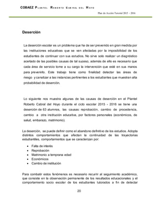 20
COBAEZ P L A N T E L R O B E R T O c A B R A L D E L H O Y O
Plan de Acción Tutorial 2015 - 2016
Deserción
La deserción escolar es un problema que ha de ser prevenido en gran medida por
las instituciones educativas que se ven afectadas por la imposibilidad de los
estudiantes de continuar con sus estudios. No sirve solo realizar un diagnóstico
acertado de las posibles causas de tal suceso, además de ello es necesario que
cada área de servicio tome a su cargo la intervención que esté en sus manos
para prevenirlo. Este trabajo tiene como finalidad detectar las áreas de
riesgo y canalizar a las instancias pertinentes a los estudiantes que muestran alta
probabilidad de deserción.
Lo siguiente nos muestra algunas de las causas de deserción en el Plantel
Roberto Cabral del Hoyo durante el ciclo escolar 2015 - 2016 se tiene una
deserción de 63 alumnos, las causas: reprobación, cambio de procedencia,
cambio a otra institución educativa, por factores personales (económicos, de
salud, embarazo, matrimonio).
La deserción, se puede definir como el abandono definitivo de los estudios. Adopta
distintos comportamientos que afectan la continuidad de las trayectorias
estudiantiles, comportamientos que se caracterizan por:
 Falta de interés
 Reprobación
 Matrimonio a temprana edad
 Económicos
 Cambio de institución
Para combatir estos fenómenos es necesario recurrir al seguimiento académico,
que consiste en la observación permanente de los resultados educacionales y el
comportamiento socio escolar de los estudiantes tutorados a fin de detectar
 