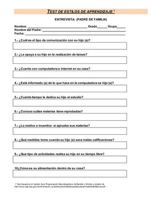 TEST DE ESTILOS DE APRENDIZAJE 1
1 Test basado en el modelo de la Programación Neurolingüística de Bandler y Grinder y tomado de
http://www.dgb.sep.gob.mx/informacion_academica/actividadesparaescolares/multimedia/Manual.pdf.
ENTREVISTA: (PADRE DE FAMILIA)
Nombre: ___________________________________ Grado______ Grupo_____
Nombre del Padre: _________________________________________________
Fecha: ___________________________________________________________
1.- ¿Cuál es el tipo de comunicación con su hijo (a)?
2.- ¿Le apoya a su hijo en la realización de tareas?
3.- ¿Cuenta con computadora e internet en su casa?
4.- ¿Está informado (a) de lo que hace en la computadora se hijo (a)?
5.- ¿Cuánto tiempo le dedica su hijo al estudio?
6.- ¿Conoce cuáles materias tiene reprobadas?
7.- ¿Lo motiva o incentiva si aprueba sus materias?
8.- ¿Qué medidas toma cuando su hijo (a) saca malas calificaciones?
9.- ¿Qué tipo de actividades realiza su hijo en su tiempo libre?
10¿Cómo es su alimentación dentro de su casa?
 