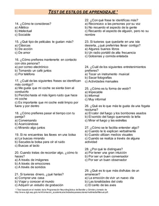 TEST DE ESTILOS DE APRENDIZAJE 1
1 Test basado en el modelo de la Programación Neurolingüística de Bandler y Grinder y tomado de
http://www.dgb.sep.gob.mx/informacion_academica/actividadesparaescolares/multimedia/Manual.pdf.
14. ¿Cómo te consideras?
a) Atlético
b) Intelectual
c) Sociable
15. ¿Qué tipo de películas te gustan más?
a) Clásicas
b) De acción
c) De amor
16. ¿Cómo prefieres mantenerte en contacto
con otra persona?
a) por correo electrónico
b) Tomando un café juntos
c) Por teléfono
17. ¿Cuál de las siguientes frases se identifican
más contigo?
a) Me gusta que mi coche se sienta bien al
conducirlo
b) Percibo hasta el más ligero ruido que hace
mi coche
c) Es importante que mi coche esté limpio por
fuera y por dentro
18. ¿Cómo prefieres pasar el tiempo con tu
pareja?
a) Conversando
b) Acariciándose
c) Mirando algo juntos
19. Si no encuentras las llaves en una bolsa
a) La buscas mirando
b) Sacudes la bolsa para oír el ruido
c) Buscas al tacto
20. Cuando tratas de recordar algo, ¿cómo lo
haces?
a) A través de imágenes
b) A través de emociones
c) A través de sonidos
21. Si tuvieras dinero, ¿qué harías?
a) Comprar una casa
b) Viajar y conocer el mundo
c) Adquirir un estudio de grabación
22. ¿Con qué frase te identificas más?
a) Reconozco a las personas por su voz
b) No recuerdo el aspecto de la gente
c) Recuerdo el aspecto de alguien, pero no su
nombre
23. Si tuvieras que quedarte en una isla
desierta, ¿qué preferirías llevar contigo?
a) Algunos buenos libros
b) Un radio portátil de alta frecuencia
c) Golosinas y comida enlatada
24. ¿Cuál de los siguientes entretenimientos
prefieres?
a) Tocar un instrumento musical
b) Sacar fotografías
c) Actividades manuales
25. ¿Cómo es tu forma de vestir?
a) Impecable
b) Informal
c) Muy informal
26. ¿Qué es lo que más te gusta de una fogata
nocturna?
a) El calor del fuego y los bombones asados
b) El sonido del fuego quemando la leña
c) Mirar el fuego y las estrellas
27. ¿Cómo se te facilita entender algo?
a) Cuando te lo explican verbalmente
b) Cuando utilizan medios visuales
c) Cuando se realiza a través de alguna
actividad
28. ¿Por qué te distingues?
a) Por tener una gran intuición
b) Por ser un buen conversador
c) Por ser un buen observador
29. ¿Qué es lo que más disfrutas de un
amanecer?
a) La emoción de vivir un nuevo día
b) Las tonalidades del cielo
c) El canto de las aves
 