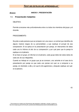 TEST DE ESTILOS DE APRENDIZAJE 1
1 Test basado en el modelo de la Programación Neurolingüística de Bandler y Grinder y tomado de
http://www.dgb.sep.gob.mx/informacion_academica/actividadesparaescolares/multimedia/Manual.pdf.
Anexo ANEXO 1. PRESENTACIÓN
1.1. Presentación Subjetiva
OBJETIVO:
Permite conocerse más profundamente entre si a todos los miembros del grupo y al
docente.
PROCEDIMIENTO:
Se pide a cada persona que se compare con una cosa o un animal que identifica de
alguna manera rasgos de su personalidad, y que explique el porqué de esa
comparación. Si se aplica en la presentación por pareja, en intercambio de datos
cada uno le informa al otro de su comparación y por qué para que la pareja le
explique en el plenario.
Si se hace en grupo, al informar en el plenario, cada grupo debe dar estos datos de
cada uno de sus integrantes.
Cuando se trabaja en un grupo que ya se conocen, una variante en el caso de la
presentación por pareja es que cada uno piense con qué va a comparar a su
pareja, sin decírselo a ella y sin que le dé sugerencias y después explique por qué
en el plenario.
43
 