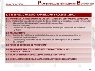 18
18
PLAN ESPECIAL DE REVITALIZACIÓN BERGARA 2011PLAN DE ACCIÓN
EJE 1: ESPACIO URBANO: AMABILIDAD Y ACCESIBILIDAD
1.1. FAVORECER LA INTEGRACIÓN DE LAS DOS ÁREAS DE CENTRALIDAD COMERCIAL
1.1.1.- Mejorar los estándares urbanos del Casco Histórico y consolidar su eje vertebrador
(Barrenkale-Bidekurutzeta) como objetivo específico
1.1.2 .- Entorno Ibargarai
1.1.3 .- Cuidado de los espacios de conexión entre ambos ejes como vías de conexión
y flujos
1.2. APARCAMIENTO
1.2.1. - Análisis de viabilidad y factibilidad de espacio de parking en superficie en
la zona alta del municipio
1.2.2. - Ordenación y visibilidad de las soluciones de parking bajas en el entorno
de Ibargarai
1.3. FOCOS DE COMERCIO DE PROXIMIDAD
1.4. TRANSPORTE PÚBLICO URBANO: UTILIZACIÓN COMERCIAL DEL
TRANSPORTE URBANO
1.5. PLAN DE SEÑALÉTICA DE ACCESO EXTERNOS E INTERNOS
1.6. EMBELLECIMIENTO DE FACHADAS/ESCAPARATES DE LOCALES VACÍOS
 