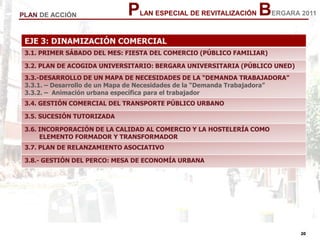 20
20
PLAN ESPECIAL DE REVITALIZACIÓN BERGARA 2011PLAN DE ACCIÓN
EJE 3: DINAMIZACIÓN COMERCIAL
3.1. PRIMER SÁBADO DEL MES: FIESTA DEL COMERCIO (PÚBLICO FAMILIAR)
3.2. PLAN DE ACOGIDA UNIVERSITARIO: BERGARA UNIVERSITARIA (PÚBLICO UNED)
3.3.-DESARROLLO DE UN MAPA DE NECESIDADES DE LA “DEMANDA TRABAJADORA”
3.3.1. – Desarrollo de un Mapa de Necesidades de la “Demanda Trabajadora”
3.3.2. – Animación urbana específica para el trabajador
3.4. GESTIÓN COMERCIAL DEL TRANSPORTE PÚBLICO URBANO
3.5. SUCESIÓN TUTORIZADA
3.6. INCORPORACIÓN DE LA CALIDAD AL COMERCIO Y LA HOSTELERÍA COMO
ELEMENTO FORMADOR Y TRANSFORMADOR
3.7. PLAN DE RELANZAMIENTO ASOCIATIVO
3.8.- GESTIÓN DEL PERCO: MESA DE ECONOMÍA URBANA
 
