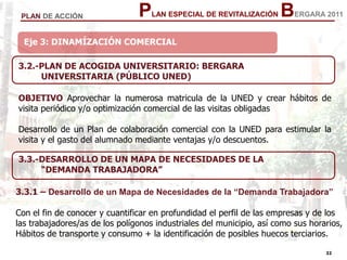 32
32
PLAN ESPECIAL DE REVITALIZACIÓN BERGARA 2011PLAN DE ACCIÓN
Eje 3: DINAMÍZACIÓN COMERCIAL
3.2.-PLAN DE ACOGIDA UNIVERSITARIO: BERGARA
UNIVERSITARIA (PÚBLICO UNED)
OBJETIVO Aprovechar la numerosa matricula de la UNED y crear hábitos de
visita periódico y/o optimización comercial de las visitas obligadas
Desarrollo de un Plan de colaboración comercial con la UNED para estimular la
visita y el gasto del alumnado mediante ventajas y/o descuentos.
3.3.-DESARROLLO DE UN MAPA DE NECESIDADES DE LA
“DEMANDA TRABAJADORA”
3.3.1 – Desarrollo de un Mapa de Necesidades de la “Demanda Trabajadora”
Con el fin de conocer y cuantificar en profundidad el perfil de las empresas y de los
las trabajadores/as de los polígonos industriales del municipio, así como sus horarios,
Hábitos de transporte y consumo + la identificación de posibles huecos terciarios.
 