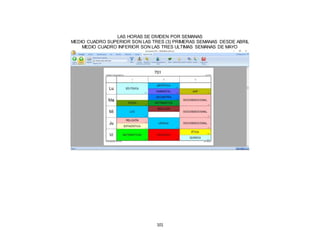 101
LAS HORAS SE DIVIDEN POR SEMANAS
MEDIO CUADRO SUPERIOR SON LAS TRES (3) PRIMERAS SEMANAS DESDE ABRIL
MEDIO CUADRO INFERIOR SON LAS TRES ULTIMAS SEMANAS DE MAYO
 