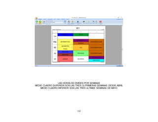 112
LAS HORAS SE DIVIDEN POR SEMANAS
MEDIO CUADRO SUPERIOR SON LAS TRES (3) PRIMERAS SEMANAS DESDE ABRIL
MEDIO CUADRO INFERIOR SON LAS TRES ULTIMAS SEMANAS DE MAYO
 