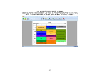 121
LAS HORAS SE DIVIDEN POR SEMANAS
MEDIO CUADRO SUPERIOR SON LAS TRES (3) PRIMERAS SEMANAS DESDE ABRIL
MEDIO CUADRO INFERIOR SON LAS TRES ULTIMAS SEMANAS DE MAYO
 