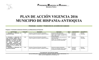 PERSONERÍA MUNICIPAL DE HISPANIA
Ministério Público
“TUS DERECHOS SON NUESTRO DEBER”
Carrera 50 Bruselas x Calle 49 Varsovia. Hispania. Antioquia. Telefax: 843 28 62 Ext. 111.
Email: personeria@hispania-antioquia.gov.co
PLAN DE ACCIÓN VIGENCIA 2016
MUNICIPIO DE HISPANIA-ANTIOQUIA
PROGRAMA I. GUARDA Y PROMOCIÓN DE LOS DERECHOS HUMANOS
Proyecto 1: Formación en Derechos Humanos y sus Mecanismos de Protección.
ACTIVIDADES DURACIÓN RECURSOS INDICADOR META RESPONSABLE SEGUIMIENTO
1. Orientación y elaboración de
acciones de tutela
1 año. Humanos: Personero Municipal y Secretaria.
Físicos: Equipos de computo y material de oficina.
Acciones de tutela elaboradas
Número de solicitudes de acciones de
tutela sobre número acciones de
tutelas elaboradas.
100% Personero
Municipal y
Secretaria.
Informes
mensuales
2. Orientación y elaboración de
otras acciones legales para la
protección de derechos humanos
diferentes a la acción de tutela,
tales como: acciones populares y
de grupo, acciones de
cumplimiento, solicitud de habeas
corpus, solicitud de habeas data,
protección de los derechos del
consumidor.
1 año. Humanos: Personero Municipal y Secretario.
Físicos: Equipos de computo y material de oficina.
Acciones diferentes a las acciones de
tutela elaboradas
Número de solicitudes de acciones
sobre número acciones elaboradas.
100% Personero
Municipal
Informes
mensuales.
3. Orientación y elaboración de
derechos de petición.
1 año. Humanos: Personero Municipal y Secretario.
Físicos: Equipos de computo y material de oficina.
Derechos de petición elaborados
Número de solicitudes sobre número
de derechos de petición elaborados.
100% Personero
Municipal y
Secretaria.
Informes
mensuales.
 
