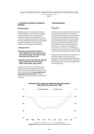09
CAP. 1
PLAN ESTRATÉGICO DE MARKETING TURÍSTICO HORIZONTE 2020
1.2. DIAGNÓSTICO ESTADÍSTICO: SEGMENTOS Y
MERCADOS
Mercados turísticos
El esfuerzo realizado en el diagnóstico estadístico
del PEMTH2020 ha marcado un antes y un después
en este tipo de planes. Y el trabajo realizado en
el diagnóstico de mercados especialmente. Se ha
realizado un exhaustivo y homogéneo análisis de 24
mercados, elaborándose análisis y fichas homogéneas
para cada mercado. Estos mercados emisores
analizados en profundidad son los siguientes:
1. Mercado nacional
2. Mercados europeos analizados: Alemania,
Austria, Bélgica, Dinamarca, Finlandia, Francia,
Irlanda, Italia, Noruega, Países Bajos, Portugal,
Reino Unido, Rusia, Suecia y Suiza.
3. Mercados resto del mundo analizados: Argentina,
Brasil, Canadá, China, Colombia, Emiratos
Árabes, Estados Unidos, Japón y México.
En este plan tan solo se va a incluir la información
relativa a los mercados de España, Reino Unido y
Alemania. El resto de estudios de mercados se podrán
leer y descargar desde la web www.andalucia.org/
profesional/mercados-turisticos/, estando a
disposición de todo el empresariado o institución que
lo requiera.
1. MERCADO NACIONAL
España
Se estima que la Comunidad Autónoma de Andalucía
ha recibido durante el año 2015 un total de 16,5
millones de turistas españoles, suponiendo el 63,3%
del total de turistas recibidos durante el año (26,0
millones). Más de la mitad de los turistas españoles
que nos visitaron proceden de la propia Andalucía,
mientras que el 47,9% de ellos residen en otras
Comunidades Autónomas españolas. Respecto al
año anterior, el número de turistas españoles se
incrementó en un +7,5%, con un crecimiento algo
más intenso de los que proceden del resto de España
(+9,2%) que de los propios turistas andaluces (+5,9%).
El turismo nacional ha crecido ininterrumpidamente
en Andalucía desde el año 2011, lo que le ha
permitido recuperarse de los importantes descensos
registrados en el intervalo 2008-2010, y superar ya en
2015 el nivel pre-crisis, tal y como puede apreciarse
en el siguiente gráfico.
 