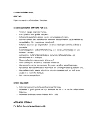 4.- DIMENSIÓN PASCUAL
OBJETIVO
Potenciar nuestras celebraciones litúrgicas.
RECOMENDACIONES EMITIDAS POR CEBs
- Tener un equipo propio de liturgia.
- Participar con otros grupos de iglesia.
- Celebración eucarística acorde con las comunidades eclesiales.
- Facilitar trámites para personas que no tienen los sacramentos y que están en las
comunidades. (Hay esposos que no quieren).
- Retomar las visitas que programaban con el sacerdote para sentirse parte de la
parroquia.
- Eucaristías para las CEBs en María Reina y, si es posible, uniformados con una
camiseta con logo.
- Animadores: invitar a los miembros de comunidad a la eucaristía y a las
celebraciones de la parroquia.
- Hacer evaluaciones posteriores. Seis meses?
- Venir con espíritu de servicio. Se sirva o no se sirva.
- Que se motiven entre los miembros del grupo a acudir a las celebraciones.
- Que dentro de la celebración se distribuyan por sector para saber qué sector falta.
- Que cada animador evalúe miembro a miembro para descubrir por qué no se
acude en la eucaristía mensual.
- Dar catequesis específicas.
LINEAS DE ACCION
1. Potenciar sectorialmente las celebraciones litúrgicas.
2. Promover la participación de los miembros de las CEBs en las celebraciones
litúrgicas.
3. Promover la vida sacramental dentro de las CEBs.
ACCIONES A REALIZAR
Por definir durante la reunión sectorial.
 