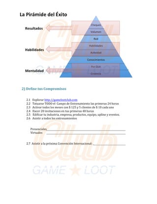 2)	Define	tus	Compromisos	
	
		
2.1			Explorar	http://gamelootclub.com	 	
2.2			Tatuarse	TODO	el		Campo	de	Entrenamiento	las	primeras	24	horas	
2.3			Activar	todos	los	meses	con	$	125	y	5	clientes	de	$	10	cada	uno	
2.4			Hacer	20	invitaciones	en	tus	primeras	48	horas		
2.5			Edificar	tu	industria,	empresa,	productos,	equipo,	upline	y	eventos.	
2.6			Asistir	a	todos	los	entrenamientos	
	
	
						Presenciale:s	
					 Virtuales						 		
	
	
2.7		Asistir	a	la	próxima	Convención	Internacional:	_
	
	
	
																															
	
	
	
	
	
	
	
	
	
	
 