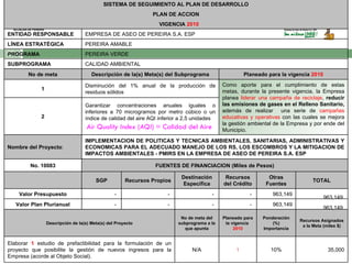 35,000 10% 1 N/A Elaborar  1  estudio de prefactibilidad para la formulación de un proyecto que posibilite la gestión de nuevos ingresos para la Empresa (acorde al Objeto Social). Recursos Asignados a la Meta (miles $) Ponderación (%) Importancia Planeado para la vigencia  2010 No de meta del subprograma a la que apunta Descripción de la(s) Meta(s) del Proyecto 963,149  963,149  -  -  -  -  Valor Plan Plurianual 963,149  963,149  -  -  -  -  Valor Presupuesto TOTAL Otras Fuentes Recursos del Crédito Destinación Específica Recursos Propios SGP   FUENTES DE FINANCIACION (Miles de Pesos) No. 10083 IMPLEMENTACION DE POLITICAS Y TECNICAS AMBIENTALES, SANITARIAS, ADMINISTRATIVAS Y ECONOMICAS PARA EL ADECUADO MANEJO DE LOS RS, LOS ESCOMBROS Y LA MITIGACION DE IMPACTOS AMBIENTALES - PMIRS EN LA EMPRESA DE ASEO DE PEREIRA S.A. ESP Nombre del Proyecto :  Garantizar concentraciones anuales iguales o inferiores a 70 microgramos por metro cúbico o un índice de calidad del aire AQI inferior a 2,5 unidades Air Quality Index  ( AQI ) = Calidad del Aire   2 Como aporte para el cumplimiento de estas metas, durante la presente vigencia, la Empresa planea  liderar una campaña de reciclaje ,  reducir las emisiones de gases en el Relleno Sanitario,  además de realizar  una serie de  campañas educativas y operativas  con las cuales se mejora la gestión ambiental de la Empresa y por ende del Municipio. Disminución del 1% anual de la producción de residuos sólidos 1 Planeado para la vigencia  2010 Descripción de la(s) Meta(s) del Subprograma No de meta CALIDAD AMBIENTAL SUBPROGRAMA PEREIRA VERDE PROGRAMA PEREIRA AMABLE LÍNEA ESTRATÉGICA EMPRESA DE ASEO DE PEREIRA S.A. ESP ENTIDAD RESPONSABLE VIGENCIA  2010 PLAN DE ACCION SISTEMA DE SEGUIMIENTO AL PLAN DE DESARROLLO 