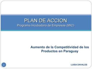 PLAN DE ACCION
    Programa Incubadora de Empresas (MIC)




            Aumento de la Competitividad de los
                 Productos en Paraguay


1                                     LUISA DAVALOS
 