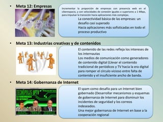 Meta 12: EmpresasMeta 13: Industrias creativas y de contenidosMeta 14: Gobernanza de InternetIncrementar la proporción de empresas con presencia web en el ciberespacio, y con velocidades de conexión iguales o superiores a 1 Mbps, para impulsar la transición hacia aplicaciones más complejas.La conectividad básica de las empresas: un desafío casi superadoHacia aplicaciones más sofisticadas en todo el proceso productivoEl contenido de las redes refleja los intereses de los internautasLos medios de comunicación como generadores de contenido digital (Llevar el contenido tradicional de periódicos y TV hacia la era digital para romper el círculo vicioso entre falta de contenido y el insuficiente ancho de banda.El spam como desafío para un Internet bien gobernado (Desarrollar mecanismos y esquemas de gobernanza de Internet para disminuir los incidentes de seguridad y los correos indeseados.Una mejor gobernanza de Internet en base a la cooperación regional