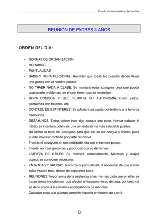 Plan de acción tutorial con las familias
REUNIÓN DE PADRES 4 AÑOS
ORDEN DEL DÍA:
- NORMAS DE ORGANIZACIÓN:
- HORARIOS.
- PUNTUALIDAD
- BABIS Y ROPA PERSONAL. Recordar que todas las prendas deben llevar
una gomita con el nombre puesto.
- NO TRAER NADA A CLASE. Se intentará evitar cualquier cosa que pueda
ocasionarle problemas, en el cole tienen cuanto necesitan.
- ROPA CÓMODA Y QUE PERMITA SU AUTONOMÍA. Evitar petos,
pantalones con botones, etc.
- CONTROL DE ESFÍNTERES. Se solicitará su ayuda por teléfono a la hora de
cambiarlos.
- DESAYUNOS. Todos deben traer algo aunque sea poco, intentar trabajar el
hábito, se intentará potenciar una alimentación lo más saludable posible.
- No utilizar la hora del desayuno para que así se les obligue a comer, pues
puede provocar rechazo por parte del niño/a.
- Traerán el desayuno en una bolsita de tela con el nombre puesto.
- Intentar no traer golosinas y productos que se derramen.
- LIMPIEZA DE ÚTILES: Se realizará semanalmente. Manteles y telajes
cuando se considere necesario.
- ENTRADAS Y SALIDAS. Recordar la puntualidad, la necesidad de que entren
solos y sobre todo, deben de esperarles fuera.
- REUNIONES. Importancia de la asistencia a las mismas dado que en ellas se
tratan temas importantes que afectan al funcionamiento del aula, por tanto no
se debe acudir a las mismas acompañados de menores.
- Cualquier cosa que quieran comentar hacerlo en horario de tutoría.
13
 