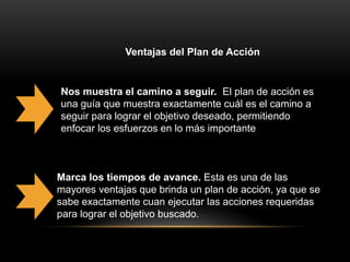 Ventajas del Plan de Acción
Nos muestra el camino a seguir. El plan de acción es
una guía que muestra exactamente cuál es el camino a
seguir para lograr el objetivo deseado, permitiendo
enfocar los esfuerzos en lo más importante
Marca los tiempos de avance. Esta es una de las
mayores ventajas que brinda un plan de acción, ya que se
sabe exactamente cuan ejecutar las acciones requeridas
para lograr el objetivo buscado.
 