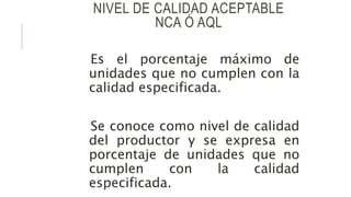 NIVEL DE CALIDAD ACEPTABLE
NCA Ó AQL
Es el porcentaje máximo de
unidades que no cumplen con la
calidad especificada.
Se conoce como nivel de calidad
del productor y se expresa en
porcentaje de unidades que no
cumplen con la calidad
especificada.
 