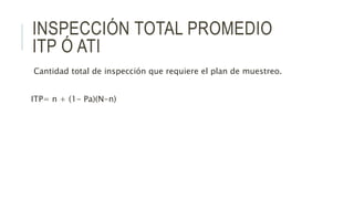 INSPECCIÓN TOTAL PROMEDIO
ITP Ó ATI
Cantidad total de inspección que requiere el plan de muestreo.
ITP= n + (1- Pa)(N-n)
 