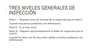 TRES NIVELES GENERALES DE
INSPECCIÓN
Nivel I .- Requiere cerca de la mitad de la inspección que el nivel II.
Cuando muy pocos productos son defectuosos.
Nivel II.- Es el más usual.
Nivel III.- Requiere aproximadamente el doble de inspección que el
nivel II.
Cuando los lotes son de muy mala calidad y muchos productos son
defectuosos.
 