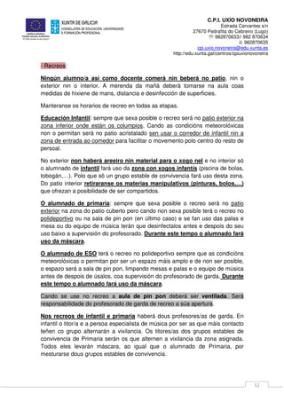 C.P.I. UXÍO NOVONEIRA
Estrada Cervantes s/n
27670 Pedrafita do Cebreiro (Lugo)
℡ 982870633// 982 870634
982870635
cpi.uxio.novoneira@edu.xunta.es
http://edu.xunta.gal/centros/cpiuxionovoneira
12
- Recreos:
Ningún alumno/a así como docente comerá nin beberá no patio, nin o
exterior nin o interior. A merenda da mañá deberá tomarse na aula coas
medidas de hixiene de mans, distancia e desinfección de superficies.
Manteranse os horarios de recreo en todas as etapas.
Educación Infantil: sempre que sexa posible o recreo será no patio exterior na
zona inferior onde están os columpios. Cando as condicións meteorolóxicas
non o permitan será no patio acristalado sen usar o corredor de infantil nin a
zona de entrada ao comedor para facilitar o movemento polo centro do resto de
persoal.
No exterior non haberá areeiro nin material para o xogo nel e no interior só
o alumnado de infantil fará uso da zona con xogos infantís (piscina de bolas,
tobogán,…). Polo que só un grupo estable de convivencia fará uso desta zona.
Do patio interior retiraranse os materias manipulativos (pinturas, bolos,…)
que ofrezan a posibilidade de ser compartidos.
O alumnado de primaria: sempre que sexa posible o recreo será no patio
exterior na zona do patio cuberto pero cando non sexa posible terá o recreo no
polideportivo ou na sala de pin pon (en último caso) e se fan uso das palas e
mesa ou do equipo de música terán que desinfectalos antes e despois do seu
uso baixo a supervisión do profesorado. Durante este tempo o alumnado fará
uso da máscara.
O alumnado de ESO terá o recreo no polideportivo sempre que as condicións
meteorolóxicas o permitan por ser un espazo máis amplo e de non ser posible,
o espazo será a sala de pin pon, limpando mesas e palas e o equipo de música
antes de despois de úsalos, coa supervisión do profesorado de garda. Durante
este tempo o alumnado fará uso da máscara.
Cando se use no recreo a aula de pin pon deberá ser ventilada. Será
responsabilidade do profesorado de garda de recreo a súa apertura.
Nos recreos de infantil e primaria haberá dous profesores/as de garda. En
infantil o titor/a e a persoa especialista de música por ser as que máis contacto
teñen co grupo alternarán a vixilancia. Os titores/as dos grupos estables de
convivencia de Primaria serán os que alternen a vixilancia da zona asignada.
Todos eles levarán máscara, ao igual que o alumnado de Primaria, por
mesturarse dous grupos estables de convivencia.
 