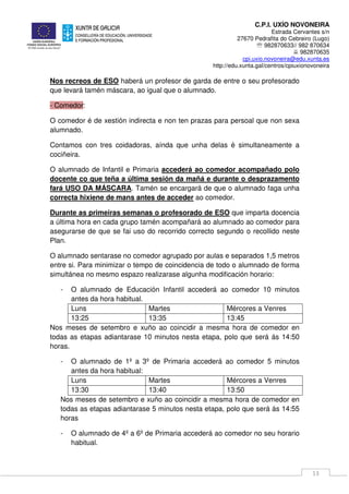 C.P.I. UXÍO NOVONEIRA
Estrada Cervantes s/n
27670 Pedrafita do Cebreiro (Lugo)
℡ 982870633// 982 870634
982870635
cpi.uxio.novoneira@edu.xunta.es
http://edu.xunta.gal/centros/cpiuxionovoneira
13
Nos recreos de ESO haberá un profesor de garda de entre o seu profesorado
que levará tamén máscara, ao igual que o alumnado.
- Comedor:
O comedor é de xestión indirecta e non ten prazas para persoal que non sexa
alumnado.
Contamos con tres coidadoras, aínda que unha delas é simultaneamente a
cociñeira.
O alumnado de Infantil e Primaria accederá ao comedor acompañado polo
docente co que teña a última sesión da mañá e durante o desprazamento
fará USO DA MÁSCARA. Tamén se encargará de que o alumnado faga unha
correcta hixiene de mans antes de acceder ao comedor.
Durante as primeiras semanas o profesorado de ESO que imparta docencia
a última hora en cada grupo tamén acompañará ao alumnado ao comedor para
asegurarse de que se fai uso do recorrido correcto segundo o recollido neste
Plan.
O alumnado sentarase no comedor agrupado por aulas e separados 1,5 metros
entre si. Para minimizar o tempo de coincidencia de todo o alumnado de forma
simultánea no mesmo espazo realizarase algunha modificación horario:
- O alumnado de Educación Infantil accederá ao comedor 10 minutos
antes da hora habitual.
Luns Martes Mércores a Venres
13:25 13:35 13:45
Nos meses de setembro e xuño ao coincidir a mesma hora de comedor en
todas as etapas adiantarase 10 minutos nesta etapa, polo que será ás 14:50
horas.
- O alumnado de 1º a 3º de Primaria accederá ao comedor 5 minutos
antes da hora habitual:
Luns Martes Mércores a Venres
13:30 13:40 13:50
Nos meses de setembro e xuño ao coincidir a mesma hora de comedor en
todas as etapas adiantarase 5 minutos nesta etapa, polo que será ás 14:55
horas
- O alumnado de 4º a 6º de Primaria accederá ao comedor no seu horario
habitual.
 