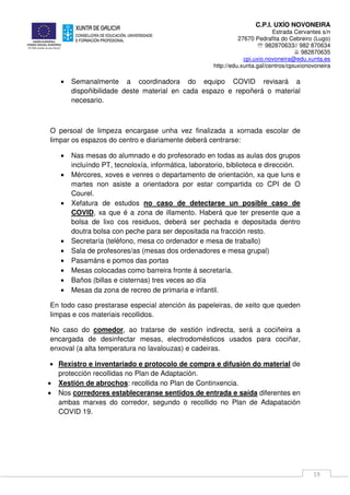 C.P.I. UXÍO NOVONEIRA
Estrada Cervantes s/n
27670 Pedrafita do Cebreiro (Lugo)
℡ 982870633// 982 870634
982870635
cpi.uxio.novoneira@edu.xunta.es
http://edu.xunta.gal/centros/cpiuxionovoneira
19
• Semanalmente a coordinadora do equipo COVID revisará a
dispoñibilidade deste material en cada espazo e repoñerá o material
necesario.
O persoal de limpeza encargase unha vez finalizada a xornada escolar de
limpar os espazos do centro e diariamente deberá centrarse:
• Nas mesas do alumnado e do profesorado en todas as aulas dos grupos
incluíndo PT, tecnoloxía, informática, laboratorio, biblioteca e dirección.
• Mércores, xoves e venres o departamento de orientación, xa que luns e
martes non asiste a orientadora por estar compartida co CPI de O
Courel.
• Xefatura de estudos no caso de detectarse un posible caso de
COVID, xa que é a zona de illamento. Haberá que ter presente que a
bolsa de lixo cos residuos, deberá ser pechada e depositada dentro
doutra bolsa con peche para ser depositada na fracción resto.
• Secretaría (teléfono, mesa co ordenador e mesa de traballo)
• Sala de profesores/as (mesas dos ordenadores e mesa grupal)
• Pasamáns e pomos das portas
• Mesas colocadas como barreira fronte á secretaría.
• Baños (billas e cisternas) tres veces ao día
• Mesas da zona de recreo de primaria e infantil.
En todo caso prestarase especial atención ás papeleiras, de xeito que queden
limpas e cos materiais recollidos.
No caso do comedor, ao tratarse de xestión indirecta, será a cociñeira a
encargada de desinfectar mesas, electrodomésticos usados para cociñar,
enxoval (a alta temperatura no lavalouzas) e cadeiras.
• Rexistro e inventariado e protocolo de compra e difusión do material de
protección recollidas no Plan de Adaptación.
• Xestión de abrochos: recollida no Plan de Continxencia.
• Nos corredores estableceranse sentidos de entrada e saída diferentes en
ambas marxes do corredor, segundo o recollido no Plan de Adapatación
COVID 19.
 