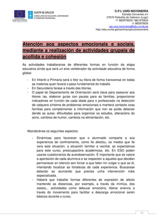 C.P.I. UXÍO NOVONEIRA
Estrada Cervantes s/n
27670 Pedrafita do Cebreiro (Lugo)
℡ 982870633// 982 870634
982870635
cpi.uxio.novoneira@edu.xunta.es
http://edu.xunta.gal/centros/cpiuxionovoneira
21
Atención aos aspectos emocionais e sociais,
mediante a realización de actividades grupais de
acollida e cohesión
As actividades traballaranse de diferentes formas en función da etapa
educativa aínda que será un eixe vertebrador da actividade educativa de forma
global:
- En Infantil e Primaria será o titor ou titora de forma transversal en todas
as materias quen levará o peso fundamental do traballo
- En Secundaria farase a través das titorías.
- O papel do Departamento de Orientación será clave para asesorar aos
titores /as, elaborar guías con pautas para as familias, proporcionar
indicadores en función de cada idade para o profesorado na detección
de calquera síntoma de problemas emocionais e manterá contacto coas
familias para complementar a información que non se poida detectar
dende as aulas: dificultades para organizar os estudos, alteracións do
sono, cambios de humor, cambios na alimentación, etc.
Abordaránse os seguintes aspectos:
- Dinámicas para favorecer que o alumnado comparta a súa
experiencia do confinamento, como lle afectou, os medos que lle
xera esta situación, a situación familiar e veciñal, as expectativas
para este curso, preocupacións académicas, etc. En ESO poden
usarse cuestionarios de autoobservación. É importante que se valore
a aportación de cada alumno/a e se respecten a aqueles que decidan
permanecer en silencio sen forzar a que falen nin xulgar o que se di,
intentando focalizar as fortalezas de cada experiencia. Buscarase
detectar ao alumando que precise unha intervención máis
especializada.
- Haberá que traballar formas diferentes de expresión de afecto
mantendo as distancias, por exemplo, a través da mímica, dos
xestos,.. actividades como debuxar emocións, liberar enerxía a
través do movemento para facilitar a descarga emocional serán
básicos durante o curso.
 