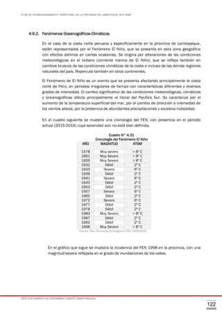 PLAN DE ACONDICIONAMIENTO TERRITORIAL DE LA PROVINCIA DE LAMBAYEQUE 2016-2026
ESTE DOCUMENTO NO DETERMINA LÍMITES TERRITORIALES.
122
4.9.2. Fenómenos Oceanográficos-Climáticos
En el caso de la costa norte peruana y específicamente en la provincia de Lambayeque,
están representados por el Fenómeno El Niño, que se presenta en esta zona geográfica
con efectos dañinos en ciertas ocasiones. Se origina por alteraciones de las condiciones
meteorológicas en el océano (corriente marina de El Niño), que se refleja también en
cambios bruscos de las condiciones climáticas de la costa e incluso de las demás regiones
naturales del país. Repercute también en otros continentes.
El Fenómeno de El Niño es un evento que se presenta afectando principalmente la costa
norte de Perú, en periodos irregulares de tiempo con características diferentes y diversos
grados de intensidad. El cambio significativo de las condiciones meteorológicas, climáticas
y oceanográficas afecta principalmente al litoral del Pacifico Sur. Se caracteriza por el
aumento de la temperatura superficial del mar, por el cambio de dirección e intensidad de
los vientos alisios, por la presencia de abundantes precipitaciones y excesiva nubosidad.
En el cuadro siguiente se muestra una cronología del FEN, con presencia en el periodo
actual (2015-2016) cuya severidad aún no está bien definida.
Cuadro N° 4.31
Cronología del Fenómeno El Niño
AÑO MAGNITUD ATSM
1578 Muy severo > 8º C
1891 Muy Severo > 8º C
1926 Muy Severo > 8º C
1932 Débil 2º C
1933 Severo 6º C
1939 Débil 2º C
1941 Severo 6º C
1943 Débil 2º C
1953 Débil 2º C
1957 Severo 6º C
1965 Débil 2º C
1972 Severo 6º C
1977 Débil 2º C
1978 Débil 2º C
1983 Muy Severo > 8º C
1987 Débil 2º C
1992 Débil 2º C
1998 Muy Severo > 8º C
Fuente: Plan Provincial Contingencia FEN 2009-9010.
En el gráfico que sigue se muestra la incidencia del FEN 1998 en la provincia, con una
magnitud severa reflejada en el grado de inundaciones de los valles.
 
