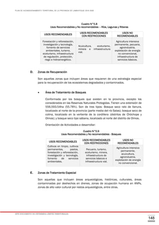 PLAN DE ACONDICIONAMIENTO TERRITORIAL DE LA PROVINCIA DE LAMBAYEQUE 2016-2026
ESTE DOCUMENTO NO DETERMINA LÍMITES TERRITORIALES.
148
Cuadro N°5.8
Usos Recomendables y No recomendables – Ríos, Lagunas y Riberas
D. Zonas de Recuperación
Son aquellas zonas que incluyen áreas que requieren de una estrategia especial
para la recuperación de los ecosistemas degradados y contaminados.
 Área de Tratamiento de Bosques
Conformada por los bosques que existen en la provincia, excepto los
considerados en las Reservas Naturales Protegidas. Tienen una extensión de
556,593.54ha (55.78%). Son de tres tipos: Bosque seco ralo de llanura,
localizado al norte de la provincia (parte media del río Salas); bosque seco de
colina, localizado en la vertiente de la cordillera (distritos de Chóchope y
Olmos); y bosque seco tipo sábana, localizado al norte del distrito de Olmos.
Orientación de Actividades a desarrollar:
Cuadro N°5.9
Usos Recomendables y No recomendables - Bosques
E. Zonas de Tratamiento Especial
Son aquellas que incluyen áreas arqueológicas, históricas, culturales, áreas
contaminadas por deshechos en drenes, zonas de ocupación humana en ANPs,
zonas de alto valor cultural por restos arqueológicos, entre otras.
USOS RECOMENDABLES
USOS RECOMENDABLES
CON RESTRICCIONES
USOS NO
RECOMENDABLES
Forestación y reforestación,
investigación y tecnología,
fomento de servicios
ambientales, turismo,
ecoturismo, infraestructura
de regulación, protección,
riego e hidroenergético.
Acuicultura, ecoturismo,
minera e infraestructura
vial.
Agricultura intensiva
permanente, pecuaria,
agroindustria,
explotación de energía
no convencional,
infraestructura de
servicios básicos.
USOS RECOMENDABLES
USOS RECOMENDABLES
CON RESTRICCIONES
USOS NO
RECOMENDABLES
Cultivos en limpio, cultivos
permanentes, pastos,
forestación y reforestación,
investigación y tecnología,
fomento de servicios
ambientales.
Pecuario, turismo,
ecoturismo, minera,
infraestructura de
servicios básicos e
infraestructura vial.
Agricultura intensiva
permanente,
acuicultura,
agroindustria,
explotación de energía
no convencional.
 