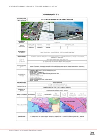 PLAN DE ACONDICIONAMIENTO TERRITORIAL DE LA PROVINCIA DE LAMBAYEQUE 2016-2026
ESTE DOCUMENTO NO DETERMINA LÍMITES TERRITORIALES.
215
Ficha de Proyecto N°2
DENOMINACIÓN
DEL PROYECTO
ESTUDIO Y CONSTRUCCIÓN DE ZONA FRANCA INDUSTRIAL.
SECTOR AL QUE
PERTENECE
PRODUCCIÓN
ZONA DE
INTERVENCIÓN
REGIÓN/DPTO. PROVINCIA DISTRITO CENTROS POBLADOS
LAMBAYEQUE LAMBAYEQUE MORROPE
PROBLEMÁTICA A
SOLUCIONAR
INEXISTENCIA DE ZONA FRANCA INDUSTRIAL EN LA PROVINCIA DE LAMBAYEQUE
OBJETIVO GENERAL
ESTABLECER Y DISPONER DE UNA ZONA FRANCA CON CAPACIDAD DE ATENDER EL REQUERIMIENTO DEL SECTOR, CON MEDIOS
DEBIDAMENTE HABILITADOS.
OBJETIVOS
ESPECÍFICOS
1.- ESTUDIO Y DISEÑO ZONA FRANCA INDUSTRIAL
2.- CONSTRUCCIÓN Y EQUIPAMIENTO DE ZONA FRANCA INDUSTRIAL
RESULTADOS QUE SE
ESPERA
ATRAER LA INVERSIÓN EXTRANJERA, IMPULSAR LAS EXPORTACIONES, GENERAR EMPLEO, LOGRAR TRANSFERENCIA TECNOLÓGICA.
DESCRIPCIÓN DEL
PROYECTO
- ELABORACIÓN DE ESTUDIOS A NIVEL DE EXPEDIENTE TÉCNICO
ESTUDIO GEOLÓGICO
ESTUDIO DE IMPACTO AMBIENTAL.
CERTIFICADO DE INEXISTENCIA DE RECURSOS ARQUEOLÓGICOS (CIRA)
- AREA ADMINISTRATIVA
- AREA DE SERVICIOS GENERALES
- AREA COMPLEMENTARIA
- AREA DE COMERCIALIZACION
- AREA DE PROCESAMIENTO(LIVIANA, PESADA Y MEDIA)
- AREA DE VIVIENDAS
ZONA DE INFLUENCIA REGIÓN LAMBAYEQUE
POBLACIÓN OBJETIVO
SITUACIÓN Y CARACTERÍSTICAS PRINCIPALES
LOS BENEFICIARIOS ES LA POBLACIÓN DE LA REGIÓN LAMBAYEQUE
PROPIEDAD DEL
TERRENO
COMUNIDAD CAMPESINA SAN PEDRO DE MÓRROPE
PLAZOS DE EJECUCIÓN MEDIANO PLAZO
INVERSIÓN
ESTIMADA
700,000,000.00
ÁREA
RESPONSABLE
GOB. REG. -
PRODUCE
FUENTE DE
FINANCIAMIENTO
PRODUCE,
INVERSIÓN PRIVADA
CROQUIS DE UBICACIÓN
OBSERVACIONES SE DEBERÁ HACER LOS TRÁMITES PARA EL TRASPASO DEL TERRENO CON LA COMUNIDAD CAMPESINA SAN PEDRO DE MÓRROPE
ZONA FRANCA INDUSTRIAL
 