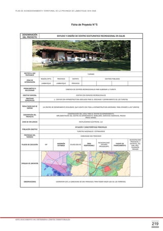 PLAN DE ACONDICIONAMIENTO TERRITORIAL DE LA PROVINCIA DE LAMBAYEQUE 2016-2026
ESTE DOCUMENTO NO DETERMINA LÍMITES TERRITORIALES.
219
Ficha de Proyecto N°5
DENOMINACIÓN
DEL PROYECTO
ESTUDIO Y DISEÑO DE CENTRO ECOTURISTICO RECREACIONAL EN SALAS
SECTOR AL QUE
PERTENECE
TURISMO
ZONA DE
INTERVENCIÓN
REGIÓN/DPTO. PROVINCIA DISTRITO CENTROS POBLADOS
LAMBAYEQUE LAMBAYEQUE PROVINCIA
PROBLEMÁTICA A
SOLUCIONAR
CARENCIA DE CENTROS RECREACIONALES PARA ALBERGAR LA TURISTA.
OBJETIVO GENERAL CONTAR CON ESPACIOS RECREACIONALES
OBJETIVOS
ESPECÍFICOS
1.- CONTAR CON INFRAESTRUCTURA ADECUADA PARA EL DESCANSO Y ESPARCIMIENTO DE LOS TURISTAS.
RESULTADOS QUE SE
ESPERA
UN CENTRO DE ESPARCIMIENTO ECOLÓGICO, QUE CUENTE CON TODA LA INFRAESTRUCTURA NECESARIA PARA ATENDER A LOS TURISTAS
DESCRIPCIÓN DEL
PROYECTO
CONSTRUCCIÓN DEL LOCAL PARA EL CENTRO DE ESPARCIMIENTO.
IMPLEMENTACIÓN DEL CENTRO DE ESPARCIMIENTO: MOBILIARIO, SERVICIOS HIGIÉNICOS, PISCINA
ÁREAS VERDES.
ZONA DE INFLUENCIA INSTALACIONES ELÉCTRICAS, LUZ.
POBLACIÓN OBJETIVO
SITUACIÓN Y CARACTERÍSTICAS PRINCIPALES
TURISTAS NACIONALES Y EXTRANJEROS
PROPIEDAD DEL
TERRENO
COMUNIDAD SAN FRANCISCO
PLAZOS DE EJECUCIÓN MP
INVERSIÓN
ESTIMADA
30,600,000.00
ÁREA
RESPONSABLE
MUNICIPALIDAD-
ENTIDAD
PRIVADA(APP)
FUENTE DE
FINANCIAMIENTO
MUNICIPALIDAD
PROVINCIAL Y
DISTRITAL, INC,
GOB. REG.,
INVERSIÓN
PRIVADA
CROQUIS DE UBICACIÓN
OBSERVACIONES COORDINAR CON LA COMUNIDAD DE SAN FRANCISCO, PARA PODER HACER USO DE LOS TERRENOS.
 