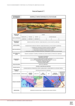 PLAN DE ACONDICIONAMIENTO TERRITORIAL DE LA PROVINCIA DE LAMBAYEQUE 2016-2026
ESTE DOCUMENTO NO DETERMINA LÍMITES TERRITORIALES.
221
Ficha de Proyecto N°7
DENOMINACIÓN
DEL PROYECTO
DESARROLLO TURÍSTICO SOSTENIBLE EN LA PLAYA NAYLAMP.
SECTOR AL QUE
PERTENECE
TURISMO
ZONA DE INTERVENCIÓN
REGIÓN/DPTO. PROVINCIA DISTRITO CENTROS POBLADOS
LAMBAYEQUE LAMBAYEQUE LAMBAYEQUE
PROBLEMÁTICA A
SOLUCIONAR
CARENCIA DE SERVICIOS TURÍSTICOS Y ACCESO ADECUADO EN LA PLAYA NAYLAMP DE LAMBAYEQUE
OBJETIVO GENERAL
IMPLEMENTACIÓN DE SERVICIOS TURÍSTICOS Y ACCESOS ADECUADOS EN LA PLAYA NAYLAMP DE LAMBAYEQUE
OBJETIVOS ESPECÍFICOS
1.- INCREMENTAR LA AFLUENCIA DE TURISTAS AL DISTRITO DE LAMBAYEQUE
2.- CONSTRUCCIÓN DE INFRAESTRUCTURA DE SERVICIOS TURÍSTICOS
3.- HABILITACIÓN DE VÍAS PARA EL ACCESO A LA PLAYA NAYLAMP
4.- CAPACITACIÓN A PERSONAL PARA BRINDAR ORIENTACIÓN Y ASESORAMIENTO TURÍSTICO EN LA PLAYA NAYLAMP
RESULTADOS QUE SE
ESPERA
MEJORAR EL CRECIMIENTO Y DESARROLLO ECONÓMICO DEL SECTOR TURISMO DE LA PROVINCIA DE LAMBAYEQUE
DESCRIPCIÓN DEL
PROYECTO
LEVANTAMIENTO TOPOGRÁFICO
SANEAMIENTO FÍSICO LEGAL
HABILITACIÓN DE LA INFRAESTRUCTURA DE LOS SERVICIOS BÁSICOS URBANOS: CONSTRUCCIÓN DE LOS SERVICIOS BÁSICOS Y
SISTEMA DE COMUNICACIÓN (TELEFONÍA, FIBRA ÓPTICA).
CONSTRUCCIÓN DE INFRAESTRUCTURA PARA TRÁNSITO PEATONAL Y VEHICULAR
CONSTRUCCIÓN CONTROLES DE VIGILANCIA.
EXISTENCIA DE MOBILIARIO URBANO
EXISTENCIA DE ÁREAS VERDES
ZONA DE INFLUENCIA DISTRITO DE LAMBAYEQUE
POBLACIÓN OBJETIVO
SITUACIÓN Y CARACTERÍSTICAS PRINCIPALES
LOS BENEFICIARIOS ES LA POBLACIÓN DEL DISTRITO, INMERSA DIRECTA O INDIRECTAMENTE EN LA ACTIVIDAD TURÍSTICA.
PROPIEDAD DEL
TERRENO
MUNICIPALIDAD PROVINCIAL DE LAMBAYEQUE
PLAZOS DE EJECUCIÓN MEDIANO PLAZO
INVERSIÓN
ESTIMADA
1,280,147.00
ÁREA
RESPONSABLE
MPL
FUENTE DE
FINANCIAMIENTO
MUNICIPALIDAD
PROVINCIAL DE
LAMBAYEQUE,
INVERSIÓN
PRIVADA
CROQUIS DE UBICACIÓN
OBSERVACIONES COORDINAR CON MINCETUR PARA LA PROMOCIÓN DE ESTE ESPACIO TURÍSTICO.
 