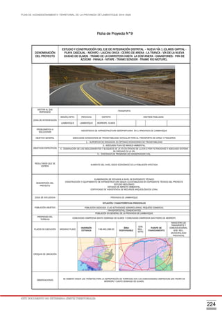 PLAN DE ACONDICIONAMIENTO TERRITORIAL DE LA PROVINCIA DE LAMBAYEQUE 2016-2026
ESTE DOCUMENTO NO DETERMINA LÍMITES TERRITORIALES.
224
Ficha de Proyecto N°9
DENOMINACIÓN
DEL PROYECTO
ESTUDIO Y CONSTRUCCIÓN DEL EJE DE INTEGRACIÓN DISTRITAL – NUEVA VÍA 1 (OLMOS CAPITAL -
PLAYA CASCAJAL - NICHIPO - LAUCHA CHICA - CERRO DE ARENA - LA TRANCA - VÍA DE LA NUEVA
CIUDAD DE OLMOS - TRAMO DE LA CARRETERA HASTA LA COSTANERA - CANASTONES - PAN DE
AZÚCAR - PANALA - NITAPE - TRAMO SONDOR - TRAMO RIO MOTUPE).
SECTOR AL QUE
PERTENECE
TRANSPORTE
ZONA DE INTERVENCIÓN
REGIÓN/DPTO. PROVINCIA DISTRITO CENTROS POBLADOS
LAMBAYEQUE LAMBAYEQUE MORROPE, OLMOS
PROBLEMÁTICA A
SOLUCIONAR
INEXISTENCIA DE INFRAESTRUCTURA AEROPORTUARIA EN LA PROVINCIA DE LAMBAYEQUE
OBJETIVO GENERAL ADECUADAS CONDICIONES DE TRANSITABILIDAD VEHICULAR PARA EL TRANSPORTE DE CARGA Y PASAJEROS
OBJETIVOS ESPECÍFICOS
1.- SUPERFICIE DE RODADURA EN ÓPTIMAS CONDICIONES DE TRANSITABILIDAD
3.- ADECUADO PLAN DE MANEJO AMBIENTAL.
4.- DISMINUCIÓN DE LOS DESLIZAMIENTOS Y BLOQUEOS DE LA VÍA EN ÉPOCAS DE LLUVIA O POR FILTRACIONES Y ADECUADO SISTEMA
DE DRENAJE EN LA VÍA.
5.- EXISTENCIA DE PROGRAMA DE CONSERVACIÓN VIAL.
RESULTADOS QUE SE
ESPERA
AUMENTO DEL NIVEL SOCIO ECONÓMICO DE LA POBLACIÓN AFECTADA
DESCRIPCIÓN DEL
PROYECTO
ELABORACIÓN DE ESTUDIOS A NIVEL DE EXPEDIENTE TÉCNICO
CONSTRUCCIÓN Y EQUIPAMIENTO DE INFRAESTRUCTURA SEGÚN LO ESTABLECIDO EN EXPEDIENTE TÉCNICO DEL PROYECTO
ESTUDIO GEOLÓGICO
ESTUDIO DE IMPACTO AMBIENTAL.
CERTIFICADO DE INEXISTENCIA DE RECURSOS ARQUEOLÓGICOS (CIRA)
ZONA DE INFLUENCIA PROVINCIA DE LAMBAYEQUE
POBLACIÓN OBJETIVO
SITUACIÓN Y CARACTERÍSTICAS PRINCIPALES
POBLACIÓN DEDICADA A LAS ACTIVIDADES AGROPECUARIAS, PEQUEÑO COMERCIO,
TRANSPORTISTAS, COMERCIANTES
POBLACIÓN EN GENERAL DE LA PROVINCIA DE LAMBAYEQUE
PROPIEDAD DEL
TERRENO
COMUNIDAD CAMPESINA SANTO DOMINGO DE OLMOS Y COMUNIDAD CAMPESINA SAN PEDRO DE MORROPE
PLAZOS DE EJECUCIÓN MEDIANO PLAZO
INVERSIÓN
ESTIMADA
746,492,288.00
ÁREA
RESPONSABLE
GOB.
REG. -
MTPC
FUENTE DE
FINANCIAMIENTO
MINISTERIO DE
TRANSPORTE Y
COMUNICACIONES,
GOB. REG.,
MUNICIPALIDAD
PROVINCIAL
CROQUIS DE UBICACIÓN
OBSERVACIONES
SE DEBERÁ HACER LOS TRÁMITES PARA LA EXPROPIACIÓN DE TERRENOS CON LAS COMUNIDADES CAMPESINAS SAN PEDRO DE
MÓRROPE Y SANTO DOMINGO DE OLMOS.
 