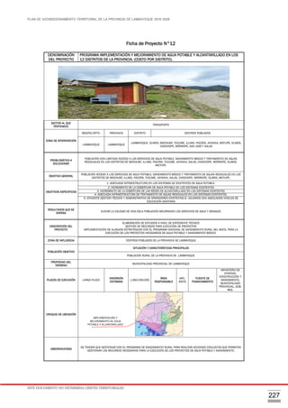 PLAN DE ACONDICIONAMIENTO TERRITORIAL DE LA PROVINCIA DE LAMBAYEQUE 2016-2026
ESTE DOCUMENTO NO DETERMINA LÍMITES TERRITORIALES.
227
Ficha de Proyecto N°12
DENOMINACIÓN
DEL PROYECTO
PROGRAMA IMPLEMENTACIÓN Y MEJORAMIENTO DE AGUA POTABLE Y ALCANTARILLADO EN LOS
12 DISTRITOS DE LA PROVINCIA. (COSTO POR DISTRITO).
SECTOR AL QUE
PERTENECE
TRANSPORTE
ZONA DE INTERVENCIÓN
REGIÓN/DPTO. PROVINCIA DISTRITO CENTROS POBLADOS
LAMBAYEQUE LAMBAYEQUE
LAMBAYEQUE, OLMOS, MOCHUMÍ, TÚCUME, ILLIMO, PACORA, JAYANCA, MOTUPE, OLMOS,
CHOCHOPE, MÓRROPE, SAN JOSÉ Y SALAS
PROBLEMÁTICA A
SOLUCIONAR
POBLACIÓN CON LIMITADO ACCESO A LOS SERVICIOS DE AGUA POTABLE, SANEAMIENTO BÁSICO Y TRATAMIENTO DE AGUAS
RESIDUALES EN LOS DISTRITOS DE MOCHUMÍ, ILLIMO, PACORA, TÚCUME, JAYANCA, SALAS, CHOCHOPE, MÓRROPE, OLMOS,
MOTUPE.
OBJETIVO GENERAL
POBLACIÓN ACCESO A LOS SERVICIOS DE AGUA POTABLE, SANEAMIENTO BÁSICO Y TRATAMIENTO DE AGUAS RESIDUALES EN LOS
DISTRITOS DE MOCHUMÍ, ILLIMO, PACORA, TÚCUME, JAYANCA, SALAS, CHOCHOPE, MÓRROPE, OLMOS, MOTUPE.
OBJETIVOS ESPECÍFICOS
1. ADECUADA INFRAESTRUCTURA EN LOS SISTEMAS DE EXISTENTES DE AGUA POTABLE.
2. INCREMENTO DE LA COBERTURA DE AGUA POTABLE EN LOS SISTEMAS EXISTENTES
3. INCREMENTO DE LA COBERTURA DE LAS REDES DE ALCANTARILLADO EN LOS SISTEMAS EXISTENTES
4. ADECUADA INFRAESTRUCTURA DE TRATAMIENTO DE AGUAS RESIDUALES EN LOS SISTEMAS EXISTENTES.
5. EFICIENTE GESTIÓN TÉCNICA Y ADMINISTRATIVA DE OPERADORES EXISTENTES.6. USUARIOS CON ADECUADOS NIVELES DE
EDUCACIÓN SANITARIA
RESULTADOS QUE SE
ESPERA
ELEVAR LA CALIDAD DE VIDA DELA POBLACIÓN MEJORANDO LOS SERVICIOS DE AGUA Y DESAGÜE
DESCRIPCIÓN DEL
PROYECTO
ELABORACIÓN DE ESTUDIOS A NIVEL DE EXPEDIENTE TÉCNICO
GESTIÓN DE RECURSOS PARA EJECUCIÓN DE PROYECTOS
IMPLEMENTACIÓN DE ALIANZAS ESTRATÉGICAS CON EL PROGRAMA NACIONAL DE SANEAMIENTO RURAL DEL MVCS, PARA LA
EJECUCIÓN DE LOS PROYECTOS NECESARIOS DE AGUA POTABLE Y SANEAMIENTO BÁSICO.
ZONA DE INFLUENCIA CENTROS POBLADOS DE LA PROVINCIA DE LAMBAYEQUE
POBLACIÓN OBJETIVO
SITUACIÓN Y CARACTERÍSTICAS PRINCIPALES
POBLACIÓN RURAL DE LA PROVINCIA DE LAMBAYEQUE
PROPIEDAD DEL
TERRENO
MUNICIPALIDAD PROVINCIAL DE LAMBAYEQUE
PLAZOS DE EJECUCIÓN LARGO PLAZO
INVERSIÓN
ESTIMADA
1,992,000,000
ÁREA
RESPONSABLE
MPL-
MVCS
FUENTE DE
FINANCIAMIENTO
MINISTERIO DE
VIVIENDA,
CONSTRUCCIÓN Y
SANEAMIENTO,
MUNICIPALIDAD
PROVINCIAL, GOB.
REG.
CROQUIS DE UBICACIÓN
OBSERVACIONES
SE TENDRÁ QUE GESTIONAR CON EL PROGRAMA DE SANEAMIENTO RURAL PARA REALIZAR ACCIONES CONJUNTAS QUE PERMITAN
GESTIONAR LOS RECURSOS NECESARIOS PARA LA EJECUCIÓN DE LOS PROYECTOS DE AGUA POTABLE Y SANEAMIENTO.
IMPLEMENTACIÓN Y
MEJORAMIENTO DE AGUA
POTABLE Y ALCANTARILLADO
 