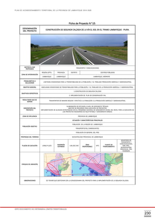 PLAN DE ACONDICIONAMIENTO TERRITORIAL DE LA PROVINCIA DE LAMBAYEQUE 2016-2026
ESTE DOCUMENTO NO DETERMINA LÍMITES TERRITORIALES.
230
Ficha de Proyecto N°15
DENOMINACIÓN
DEL PROYECTO
CONSTRUCCIÓN DE SEGUNDA CALZADA DE LA VÍA EL SOL EN EL TRAMO LAMBAYEQUE - PIURA.
SECTOR AL QUE
PERTENECE
TRANSPORTE Y COMUNICACIONES
ZONA DE INTERVENCIÓN
REGIÓN/DPTO. PROVINCIA DISTRITO CENTROS POBLADOS
LAMBAYEQUE LAMBAYEQUE LAMBAYEQUE, MÓRROPE
PROBLEMÁTICA A
SOLUCIONAR
LIMITADAS CONDICIONES PARA LA TRANSITABILIDAD DE LA POBLACIÓN, Y EL TRASLADO PRODUCCIÓN AGRÍCOLA Y AGROINDUSTRIAL
OBJETIVO GENERAL ADECUADAS CONDICIONES DE TRANSITABILIDAD PARA LA POBLACIÓN, Y EL TRASLADO DE LA PRODUCCIÓN AGRÍCOLA Y AGROINDUSTRIAL.
OBJETIVOS ESPECÍFICOS
1.CONSTRUCCION DE SEGUNDA CALZADA
2. IMPLEMENTACIÓN DE PLAN DE CONSERVACIÓN VIAL
RESULTADOS QUE SE
ESPERA
TRANSPORTAR DE MANERA SEGURA Y EFECTIVA A LA POBLACIÓN A LA PRODUCCIÓN AGRÍCOLA Y AGROINDUSTRIAL.
DESCRIPCIÓN DEL
PROYECTO
ELABORACIÓN DE ESTUDIOS A NIVEL DE EXPEDIENTE TÉCNICO
GESTIÓN DE RECURSOS PARA EJECUCIÓN DE PROYECTOS
IMPLEMENTACIÓN DE ALIANZAS ESTRATÉGICAS CON EL PROGRAMA NACIONAL DE SANEAMIENTO RURAL DEL MVCS, PARA LA EJECUCIÓN DE
LOS PROYECTOS NECESARIOS DE AGUA POTABLE Y SANEAMIENTO BÁSICO.
ZONA DE INFLUENCIA PROVINCIA DE LAMBAYEQUE
POBLACIÓN OBJETIVO
SITUACIÓN Y CARACTERÍSTICAS PRINCIPALES
POBLACIÓN DE LA REGIÓN DE LAMBAYEQUE
TRANSPORTISTAS, COMERCIANTES.
POBLACIÓN EN GENERAL DEL PÍAS
PROPIEDAD DEL TERRENO MUNICIPALIDAD PROVINCIAL DE LAMBAYEQUE
PLAZOS DE EJECUCIÓN LARGO PLAZO
INVERSIÓN
ESTIMADA
136,292,340
ÁREA
RESPONSABLE
MTC
FUENTE DE
FINANCIAMIENTO
MINISTERIO DE
TRANSPORTE Y
COMUNICACIONES,
GOB. REG.,
MUNICIPALIDAD
PROVINCIAL, PRO
INVERSIÓN
CROQUIS DE UBICACIÓN
OBSERVACIONES SE TENDRÁ QUE GESTIONAR CON LA CONCESIONARIA DEL PROYECTO PARA LA IMPLEMENTACIÓN DE LA SEGUNDA CALZADA.
 