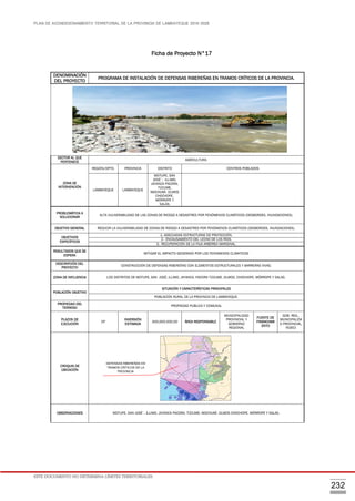 PLAN DE ACONDICIONAMIENTO TERRITORIAL DE LA PROVINCIA DE LAMBAYEQUE 2016-2026
ESTE DOCUMENTO NO DETERMINA LÍMITES TERRITORIALES.
232
Ficha de Proyecto N°17
DENOMINACIÓN
DEL PROYECTO
PROGRAMA DE INSTALACIÓN DE DEFENSAS RIBEREÑAS EN TRAMOS CRÍTICOS DE LA PROVINCIA.
SECTOR AL QUE
PERTENECE
AGRICULTURA.
ZONA DE
INTERVENCIÓN
REGIÓN/DPTO. PROVINCIA DISTRITO CENTROS POBLADOS
LAMBAYEQUE LAMBAYEQUE
MOTUPE, SAN
JOSÉ´, ILLIMO,
JAYANCA PACORA,
TÚCUME,
MOCHUMÍ, OLMOS
CHOCHOPE,
MÓRROPE Y
SALAS.
PROBLEMÁTICA A
SOLUCIONAR
ALTA VULNERABILIDAD DE LAS ZONAS DE RIESGO A DESASTRES POR FENÓMENOS CLIMÁTICOS (DESBORDES, INUNDACIONES).
OBJETIVO GENERAL REDUCIR LA VULNERABILIDAD DE ZONAS DE RIESGO A DESASTRES POR FENÓMENOS CLIMÁTICOS (DESBORDES, INUNDACIONES).
OBJETIVOS
ESPECÍFICOS
1.-ADECUADAS ESTRUCTURAS DE PROTECCIÓN.
2.- ENCAUSAMIENTO DEL LECHO DE LOS RÍOS.
3.- RECUPERACIÓN DE LA FAJA ARBÓREA MARGINAL.
RESULTADOS QUE SE
ESPERA
MITIGAR EL IMPACTO GENERADO POR LOS FENOMENOS CLIMATICOS
DESCRIPCIÓN DEL
PROYECTO
CONSTRUCCIÓN DE DEFENSAS RIBEREÑAS CON ELEMENTOS ESTRUCTURALES Y BARRERAS VIVAS.
ZONA DE INFLUENCIA LOS DISTRITOS DE MOTUPE, SAN JOSÉ, ILLIMO, JAYANCA, PACORA TÚCUME, OLMOS, CHOCHOPE, MÓRROPE Y SALAS.
POBLACIÓN OBJETIVO
SITUACIÓN Y CARACTERÍSTICAS PRINCIPALES
POBLACIÓN RURAL DE LA PROVINCIA DE LAMBAYEQUE.
PROPIEDAD DEL
TERRENO
PROPIEDAD PUBLICA Y COMUNAL
PLAZOS DE
EJECUCIÓN
CP
INVERSIÓN
ESTIMADA
300,000,000.00 ÁREA RESPONSABLE
MUNICIPALIDAD
PROVINCIAL Y
GOBIERNO
REGIONAL
FUENTE DE
FINANCIAMI
ENTO
GOB. REG.,
MUNICIPALIDA
D PROVINCIAL,
INDECI
CROQUIS DE
UBICACIÓN
OBSERVACIONES MOTUPE, SAN JOSÉ´, ILLIMO, JAYANCA PACORA, TÚCUME, MOCHUMÍ, OLMOS CHOCHOPE, MÓRROPE Y SALAS.
DEFENSAS RIBEREÑAS EN
TRAMOS CRÍTICOS DE LA
PROVINCIA
 