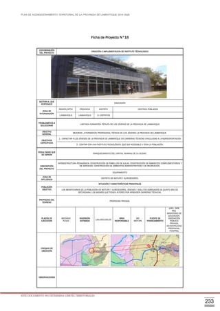 PLAN DE ACONDICIONAMIENTO TERRITORIAL DE LA PROVINCIA DE LAMBAYEQUE 2016-2026
ESTE DOCUMENTO NO DETERMINA LÍMITES TERRITORIALES.
233
Ficha de Proyecto N°18
DENOMINACIÓN
DEL PROYECTO
CREACIÓN E IMPLEMENTACION DE INSTITUTO TÉCNOLOGICO
SECTOR AL QUE
PERTENECE
EDUCACIÓN
ZONA DE
INTERVENCIÓN
REGIÓN/DPTO. PROVINCIA DISTRITO CENTROS POBLADOS
LAMBAYEQUE LAMBAYEQUE 11 DISTRITOS
PROBLEMÁTICA A
SOLUCIONAR
LIMITADA FORMACIÓN TÉCNICA DE LOS JÓVENES DE LA PROVINCIA DE LAMBAYEQUE
OBJETIVO
GENERAL
MEJORAR LA FORMACIÓN PROFESIONAL TÉCNICA DE LOS JÓVENES LA PROVINCIA DE LAMBAYEQUE.
OBJETIVOS
ESPECÍFICOS
1.- CAPACITAR A LOS JÓVENES DE LA PROVINCIA DE LAMBAYEQUE EN CARRERAS TÉCNICAS VINCULADAS A LA AGROEXPORTACIÓN
2.- CONTAR CON UNA INSTITUTO TECNOLÓGICO, QUE SEA ACCESIBLE A TODA LA POBLACIÓN.
RESULTADOS QUE
SE ESPERA
ENRIQUECIMIENTO DEL CAPITAL HUMANO DE LA CIUDAD.
DESCRIPCIÓN
DEL PROYECTO
INFRAESTRUCTURA PEDAGÓGICA: CONSTRUCCIÓN DE PABELLÓN DE AULAS, CONSTRUCCIÓN DE AMBIENTES COMPLEMENTARIOS Y
DE SERVICIOS; CONSTRUCCIÓN DE AMBIENTES ADMINISTRATIVOS Y DE RECREACIÓN.
EQUIPAMIENTO
ZONA DE
INFLUENCIA
DISTRITO DE MOTUPE Y ALREDEDORES.
POBLACIÓN
OBJETIVO
SITUACIÓN Y CARACTERÍSTICAS PRINCIPALES
LOS BENEFICIARIOS ES LA POBLACIÓN DE MOTUPE Y ALREDEDORES, JÓVENES Y ADULTOS EGRESADOS DE QUINTO AÑO DE
SECUNDARIA, LOS MISMOS QUE TIENEN INTERÉS POR APRENDER CARRERAS TÉCNICAS.
PROPIEDAD DEL
TERRENO
PROPIEDAD PRIVADA.
PLAZOS DE
EJECUCIÓN
MEDIANO
PLAZO
INVERSIÓN
ESTIMADA
150,000,000.00
ÁREA
RESPONSABLE
MD
MOTUPE
FUENTE DE
FINANCIAMIENTO
UGEL, GOB.
REG.
MINISTERIO DE
EDUCACIÓN,
ASOCIACIÓN
PÚBLICO
PRIVADA,
MUNICIPALIDAD
PROVINCIAL,
FONIPREL
CROQUIS DE
UBICACIÓN
OBSERVACIONES
 