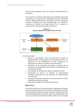 PLAN DE ACONDICIONAMIENTO TERRITORIAL DE LA PROVINCIA DE LAMBAYEQUE 2016-2026
ESTE DOCUMENTO NO DETERMINA LÍMITES DISTRITALES
241
Provincial de Lambayeque, dentro de la Gerencia de Infraestructura y
Urbanismo).
En el caso de la “asamblea representativa de la sociedad”, esta estará
conformada por la mayoría de los representantes de las instituciones
privadas, organizaciones públicas involucradas en el PAT, instituciones
culturales y científicas, etc., esta asamblea elige a los restantes 3
miembros del directorio del grupo político. En el esquema a
continuación se ve la estructura de este componente.
Gráfico N°7.1
Esquema Organizativo del Órgano Político de la CCLP
Elaborado por equipo PAT/PDU Lambayeque
Sus funciones serán:
 Dirección y coordinación, entre las actuaciones de todos los
agentes públicos y privados dentro de las previsiones del PAT y en
coherencia con las disposiciones de otros instrumentos de
planificación que estén en el ámbito de influencia del PAT.
 Ratificación de las propuestas del gobierno municipal, para la
contratación de profesionales y técnicos para la materialización de
las propuestas del plan.
 Administración de fondos para el logro de los objetivos del PAT.
 Incorporación de socios a la asamblea de representantes
(entidades, fundaciones, etc.), que refuercen con medios técnicos
y/o financieros.
 Evaluación, estimación y valoración de los efectos del PAT en todos
los aspectos relevantes y sectores.
 Otras que se le asignen en su Manual de Funciones.
- Órgano Técnico
Es la oficina técnica, con funciones ejecutivas y dependiente del órgano
político; debe caracterizarse por su eficiencia y efectividad, debe contar
con pocos efectivos, disponer de gran autonomía, quedando exento de
las necesidades políticas coyunturales; debe actuar flexiblemente; debe
contar con el apoyo de los poderes estatales y debe actuar de manera
Órgano Político
Directiva
Asamblea Representativa
de la Sociedad
Presidente de la Directiva
3 miembros de la Asamblea
Representativa de la
Sociedad
De reuniones
Programadas
De servicio de
tiempo
Completo
Nombrado por la MPL
(Sub Gerente de
Acondicionamiento
Territorial)
 