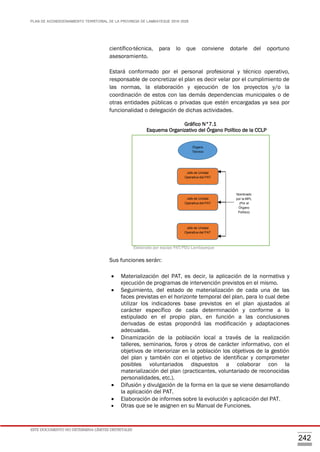 PLAN DE ACONDICIONAMIENTO TERRITORIAL DE LA PROVINCIA DE LAMBAYEQUE 2016-2026
ESTE DOCUMENTO NO DETERMINA LÍMITES DISTRITALES
242
científico-técnica, para lo que conviene dotarle del oportuno
asesoramiento.
Estará conformado por el personal profesional y técnico operativo,
responsable de concretizar el plan es decir velar por el cumplimiento de
las normas, la elaboración y ejecución de los proyectos y/o la
coordinación de estos con las demás dependencias municipales o de
otras entidades públicas o privadas que estén encargadas ya sea por
funcionalidad o delegación de dichas actividades.
Gráfico N°7.1
Esquema Organizativo del Órgano Político de la CCLP
Elaborado por equipo PAT/PDU Lambayeque
Sus funciones serán:
 Materialización del PAT, es decir, la aplicación de la normativa y
ejecución de programas de intervención previstos en el mismo.
 Seguimiento, del estado de materialización de cada una de las
faces previstas en el horizonte temporal del plan, para lo cual debe
utilizar los indicadores base previstos en el plan ajustados al
carácter específico de cada determinación y conforme a lo
estipulado en el propio plan, en función a las conclusiones
derivadas de estas propondrá las modificación y adaptaciones
adecuadas.
 Dinamización de la población local a través de la realización
talleres, seminarios, foros y otros de carácter informativo, con el
objetivos de interiorizar en la población los objetivos de la gestión
del plan y también con el objetivo de identificar y comprometer
posibles voluntariados dispuestos a colaborar con la
materialización del plan (practicantes, voluntariado de reconocidas
personalidades, etc.).
 Difusión y divulgación de la forma en la que se viene desarrollando
la aplicación del PAT.
 Elaboración de informes sobre la evolución y aplicación del PAT.
 Otras que se le asignen en su Manual de Funciones.
Órgano
Técnico
Jefe de Unidad
Operativa del PAT
Nombrado
por la MPL
(Por el
Órgano
Político)
Jefe de Unidad
Operativa del PAT
Jefe de Unidad
Operativa del PAT
 